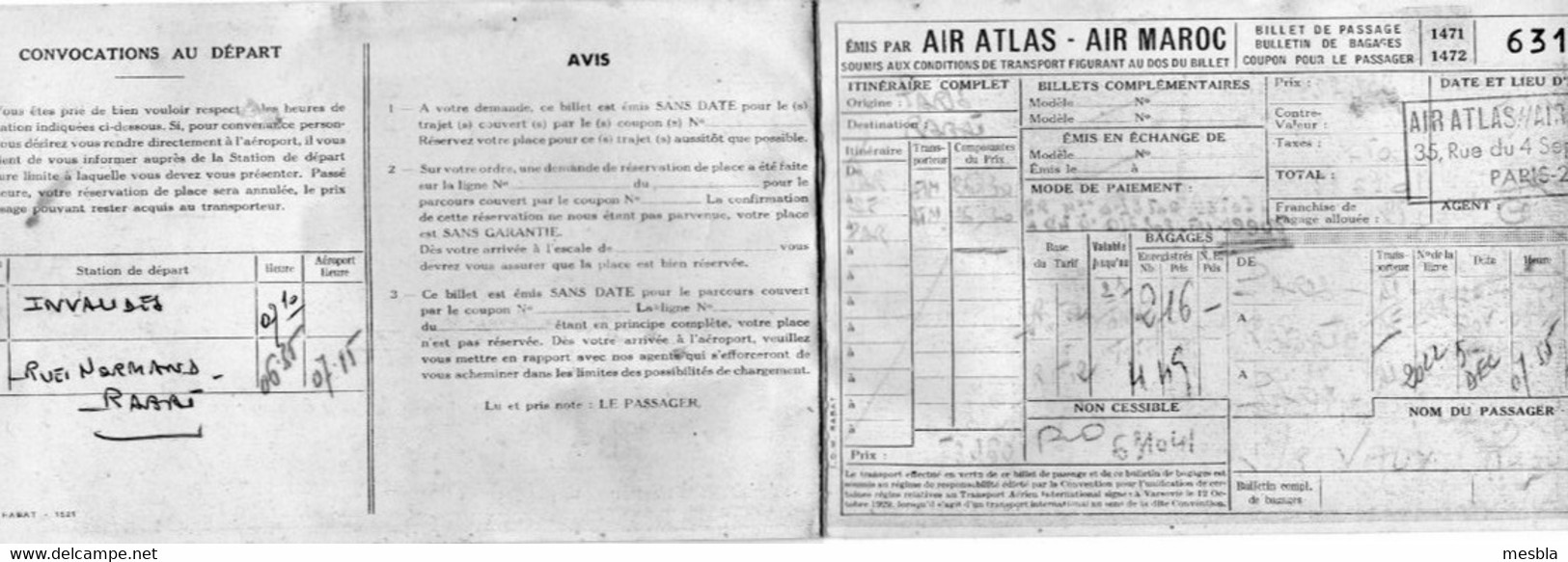 Billet D' Avion - Billet De Passage  émis Par AIR  ATLAS - AIR - MAROC - Compagnie Chérifienne De Transports Aériens . - Ohne Zuordnung