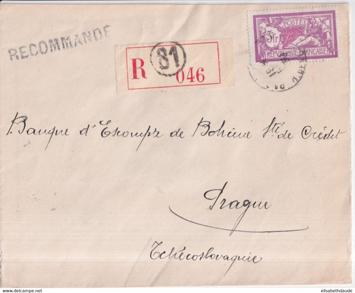 1930 - VIGNETTE BANQUE + MERSON YVERT N°240 RARE SEUL Sur LETTRE RECOMMANDEE De PARIS => PRAGUE (TCHECOSLOVAQUIE) ! - 1900-27 Merson