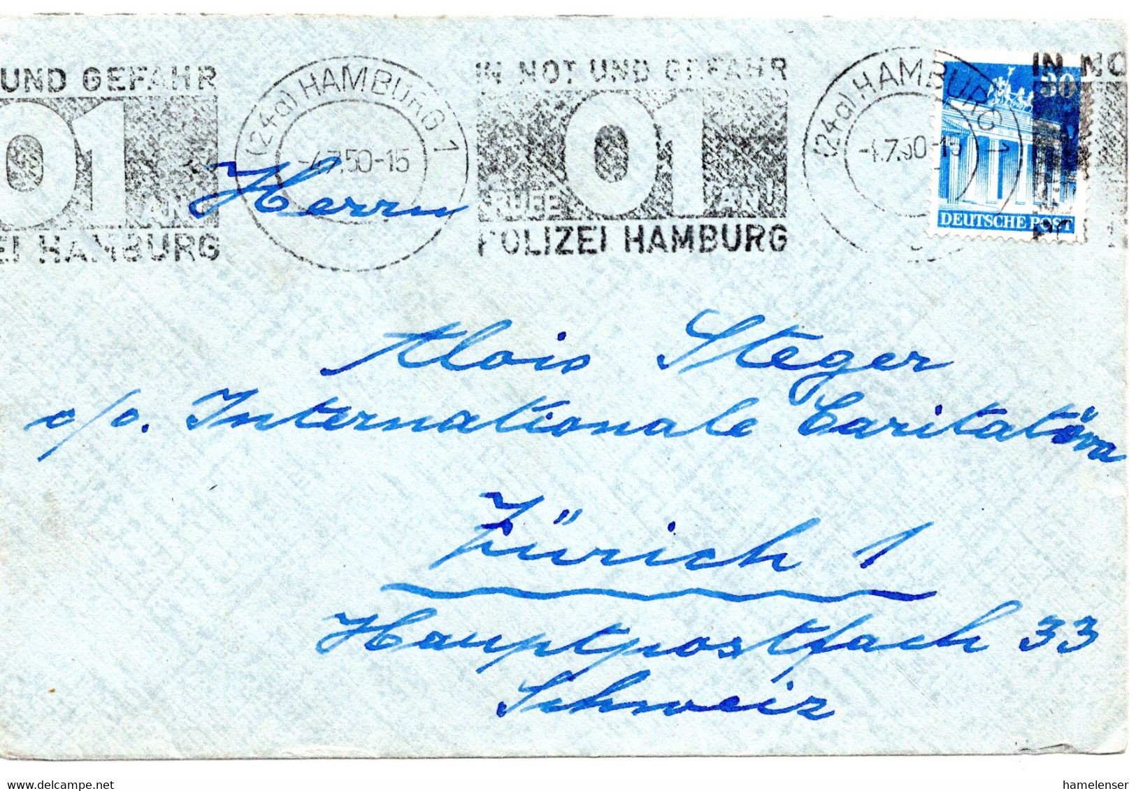 55382 - Bund - 1950 - 30Pfg Bauten EF A Bf HAMBURG - IN NOT UND GEFAHR RUFE 01 AN! POLIZEI HAMBURG -> Schweiz - Polizei - Gendarmerie