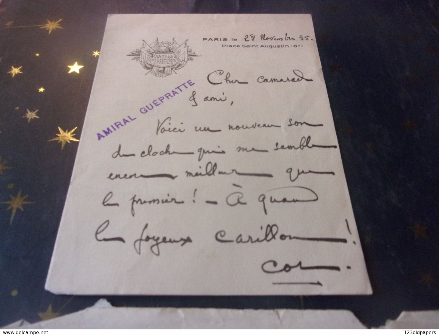 1935 VICE AMIRAL GUEPRATTE LETTRE AUTOGRAPHE CACHET 50C PAILETTES FER A CHEVAL POUR JEAN ROGER ENSEIGNE DE VAISSEAU - Autres & Non Classés