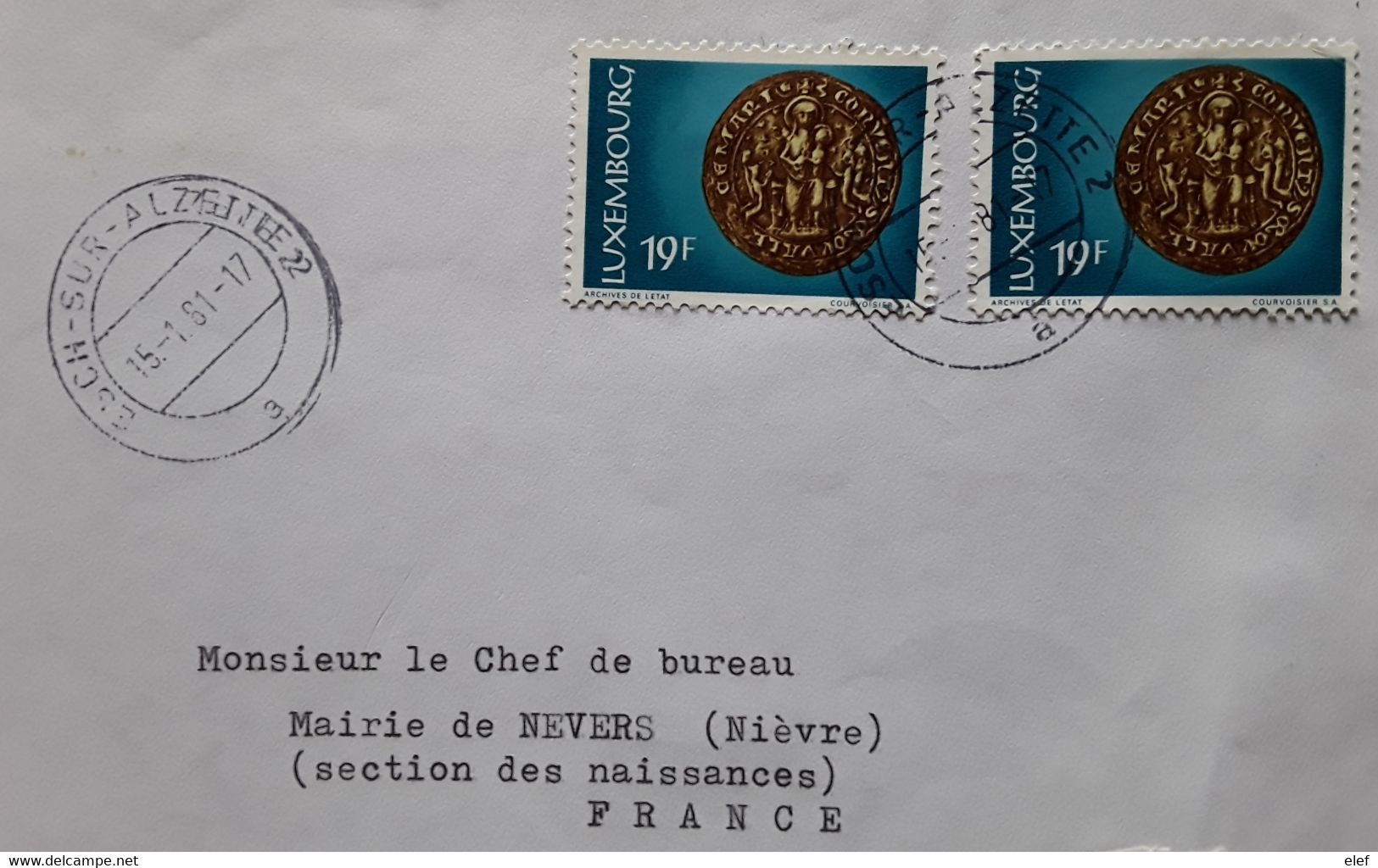 LUXEMBOURG,  Lettre Recommandée ESCH S ALZETTE , Timbre Yvert X 2 No 831 Sceau Couvent Marienthal > Mairie De NEVERS TB - Covers & Documents