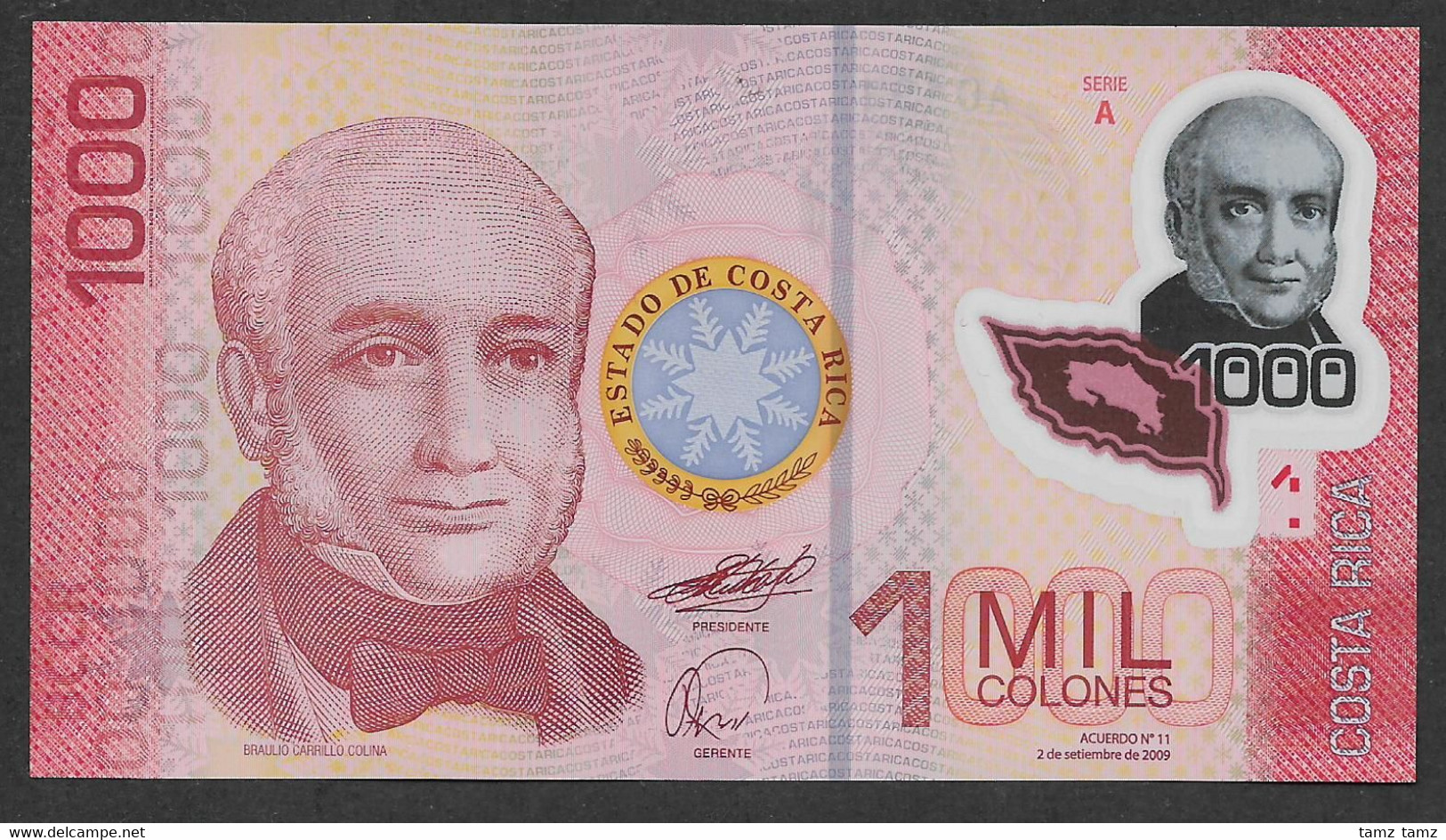 Costa Rica 1 Mil 1000 1,000 Colones A Series Polymer 2009 UNC - Costa Rica