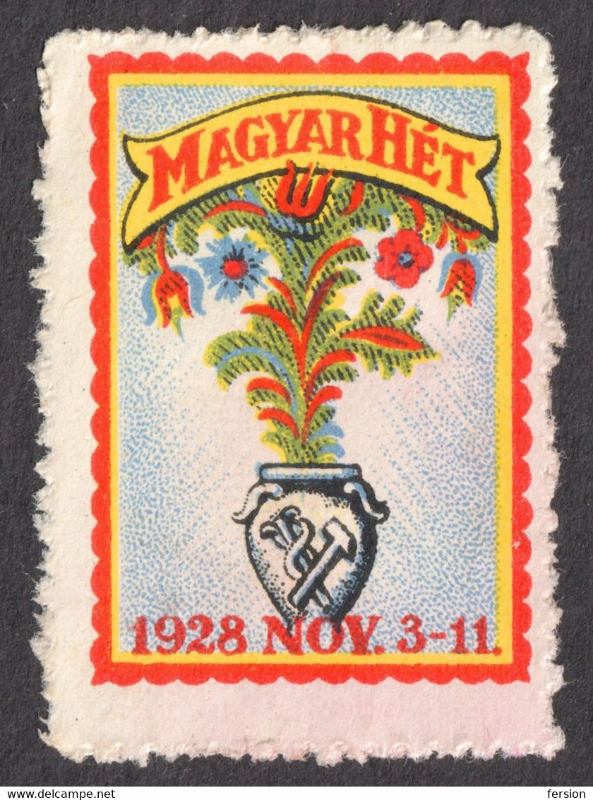 Folk Art FLOWER Flowers 1928 Budapest Fair Exhibition Hungary Hungarian Week Label Vignette Cinderella Hammer Caduceus - Autres & Non Classés