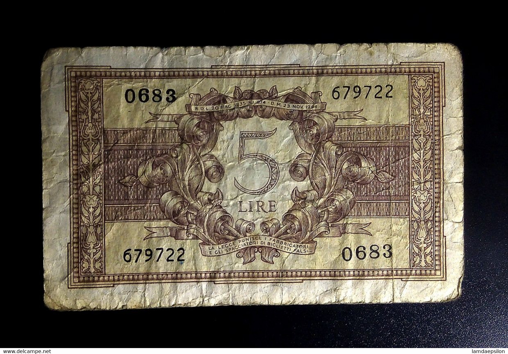 A7  ITALIE   BILLETS DU MONDE   ITALIA  BANKNOTES  5  LIRE 1944 - [ 9] Collections