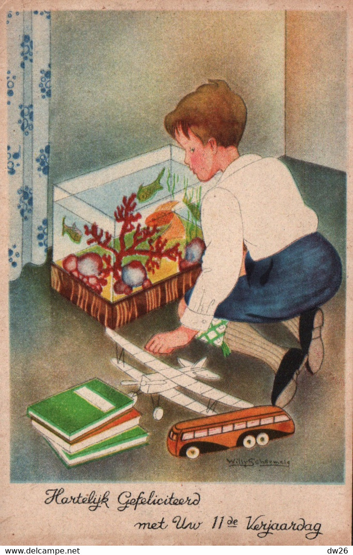 Illustration Willy Schermele: Enfant à L'aquarium Et Aux Jouets - Hartelijk Gefeliciteerd (Félicitations) - Schermele, Willy