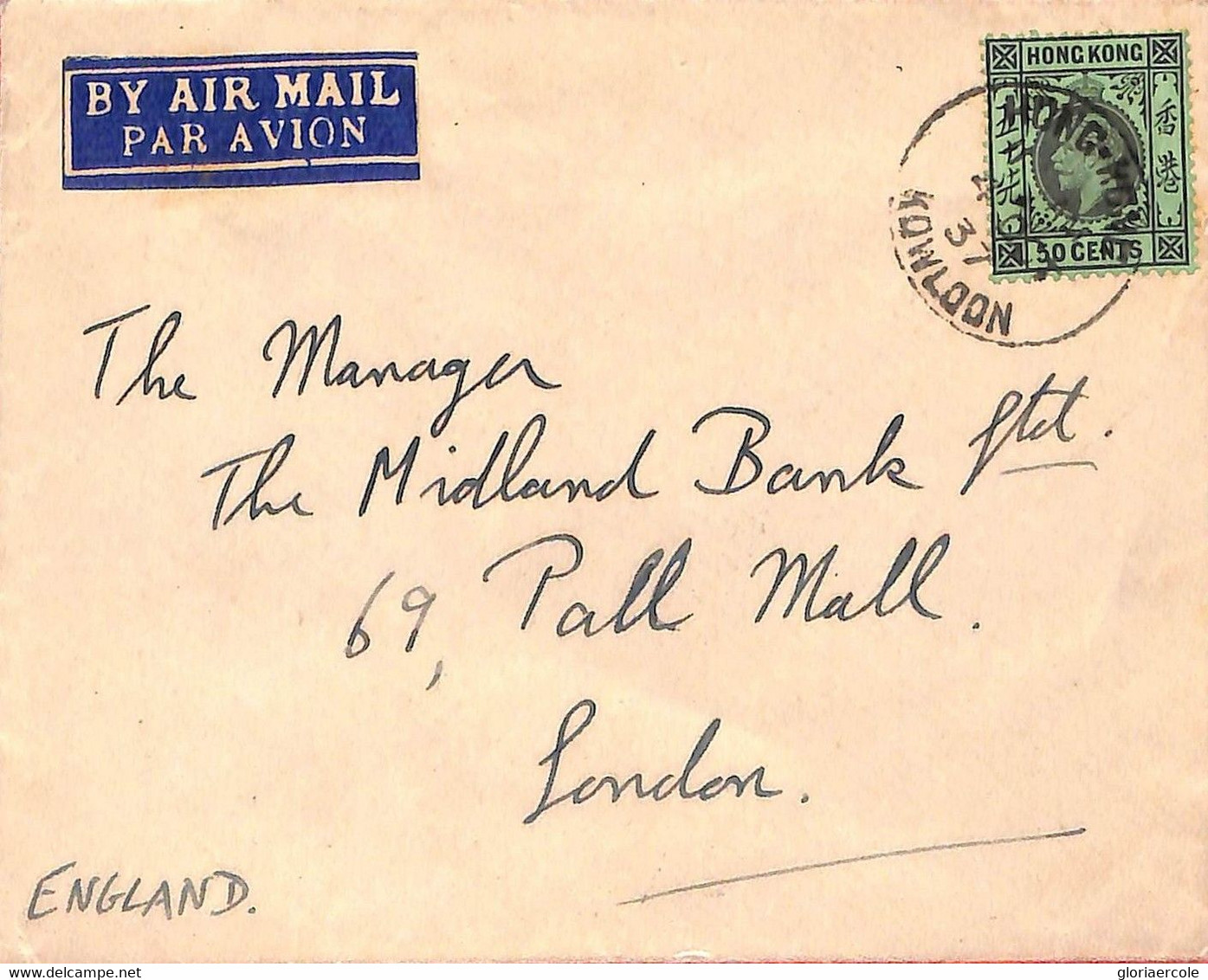 Aa6824 - HONG KONG - POSTAL HISTORY -  COVER From KOWLOON To ENGLAND 1937 - Lettres & Documents