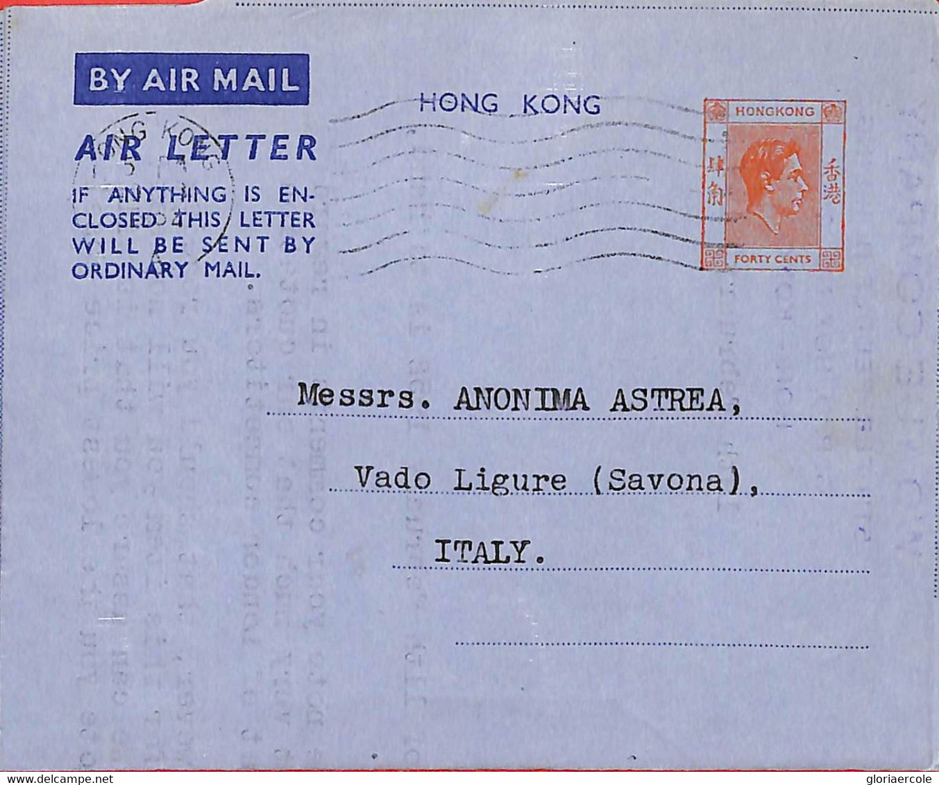 Aa6796  - HONG KONG - POSTAL HISTORY - Stationery AEROGRAMME  To ITALY  1952 - Ganzsachen