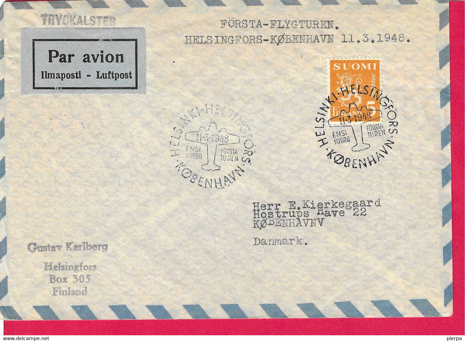 FINLAND - FIRST FLIGHT FROM HELSINKI TO KOBENHAVN *11.3.1948* SU BUSTA GRANDE - Lettres & Documents