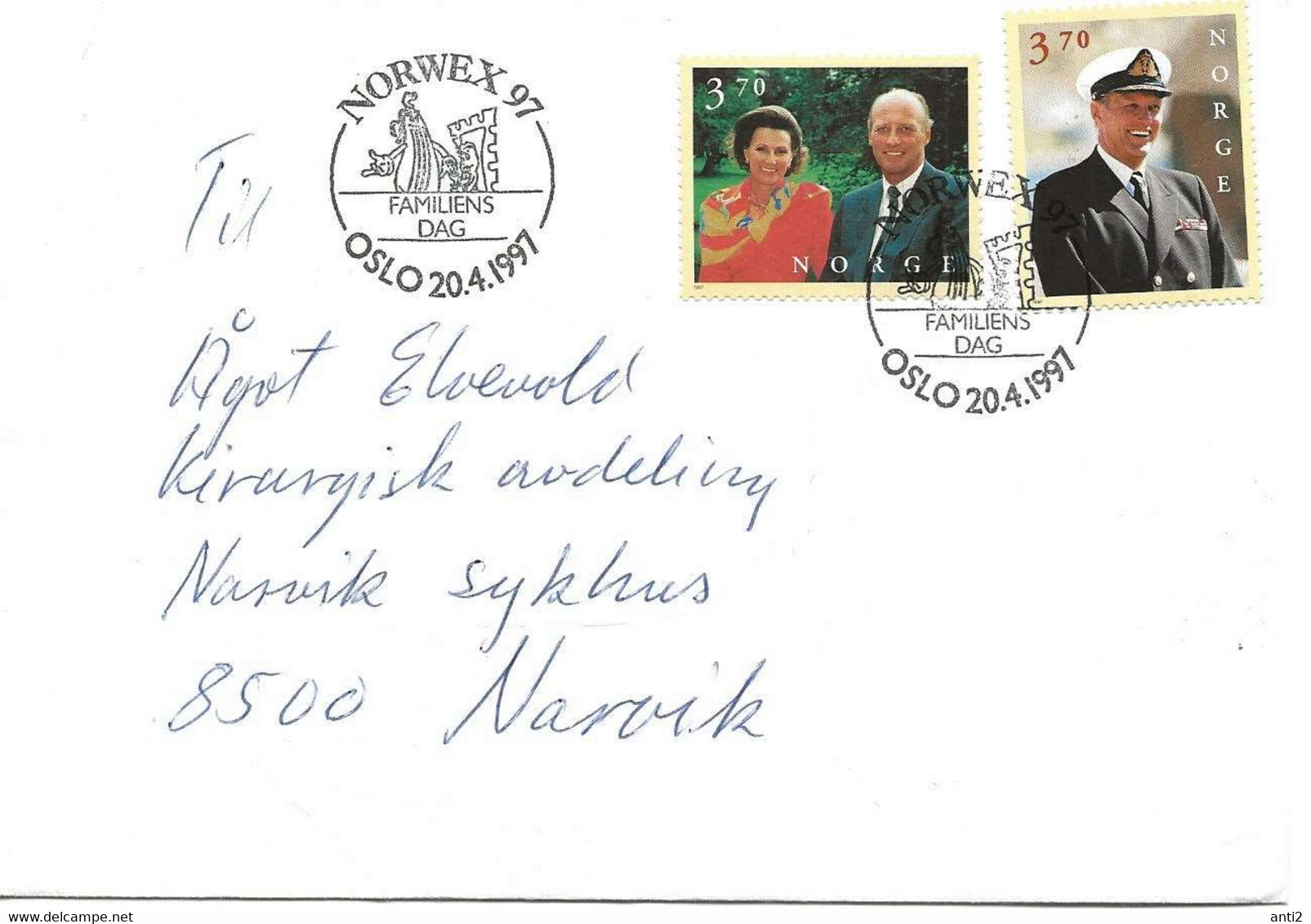 Norway 1997  Cover With Cancellled Norwex 97 - Airmail Day, Mi 1244-1245 King And Queen   21.4.97 - Lettres & Documents