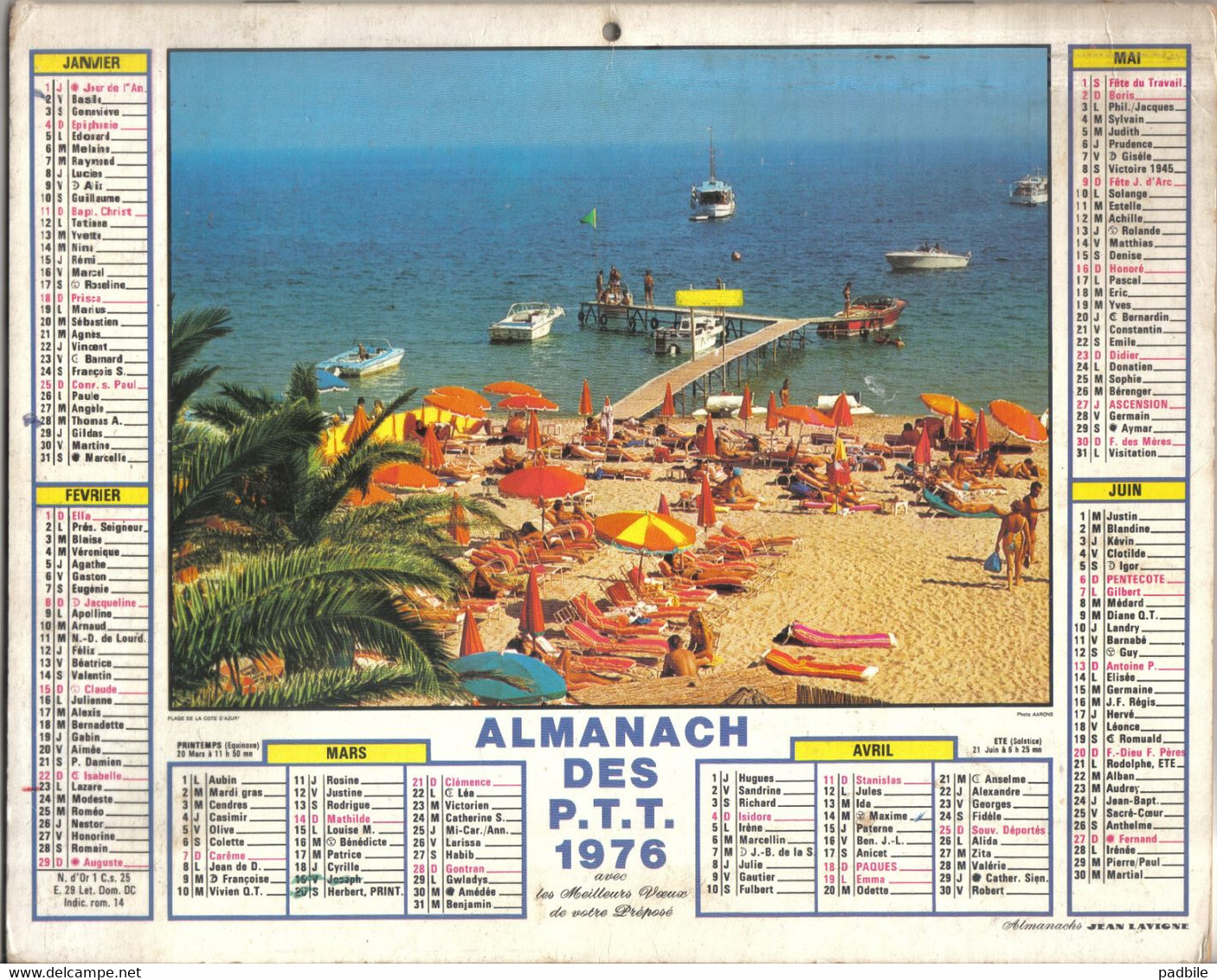 Calendrier Almanach Des P.T.T. 1976 Plage De La Côte D'Azur - Big : 1971-80