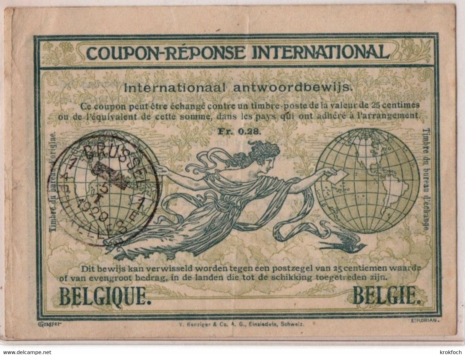 Coupon-réponse Type Rome Avec BELGIQUE BELGIE - Brussel 1920 - IRC CRI IAS - !! Trace De Pli - Internationale Antwoordcoupons