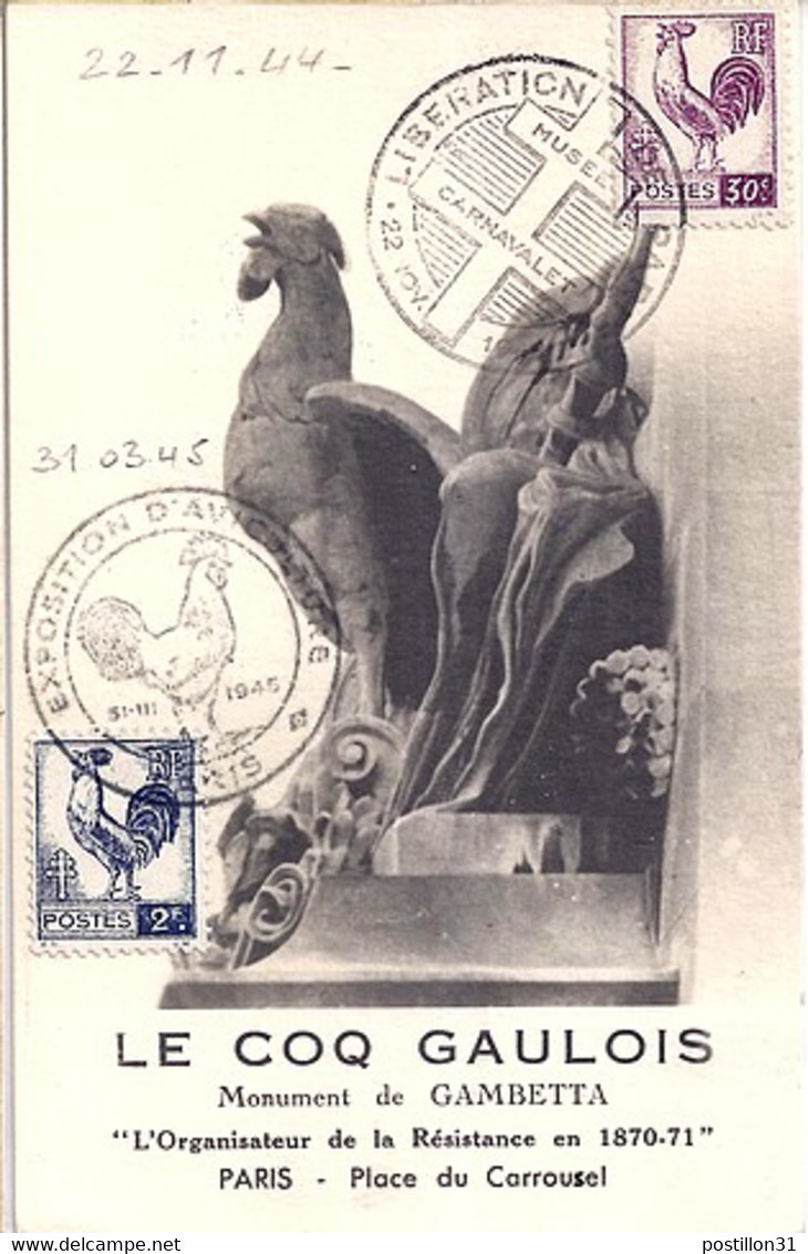 TYPE COQ ET MARIANNE D'ALGER N° 631/640 SUR CP DE PARIS / 31.3.45 - 1944 Gallo E Marianna Di Algeri