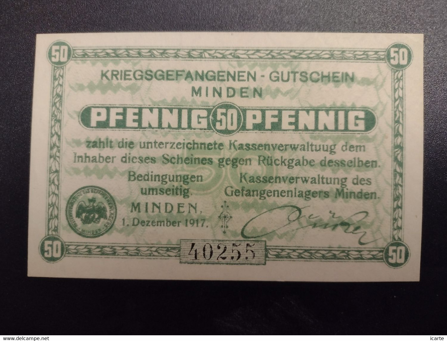 Billet 50 Pfennig LAGERGELD MONNAIE DE CAMP PRISONNIER DE GUERRE Kriegsgefangenenlager MINDEN 1917 - Autres & Non Classés