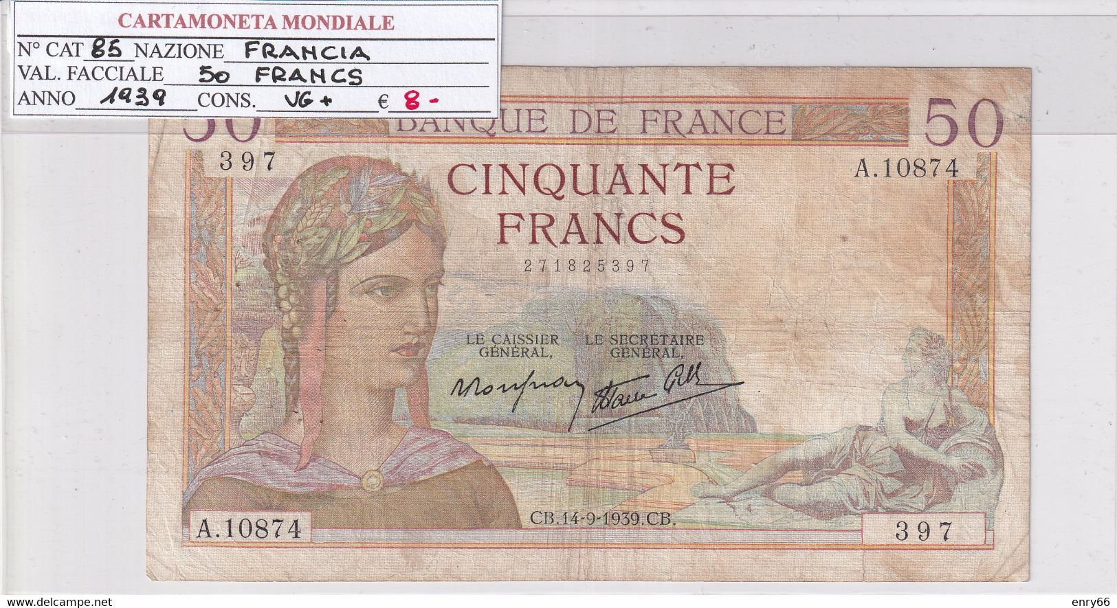 FRANCIA 50 FRANCS 1939 P 85 - 50 F 1934-1940 ''Cérès''