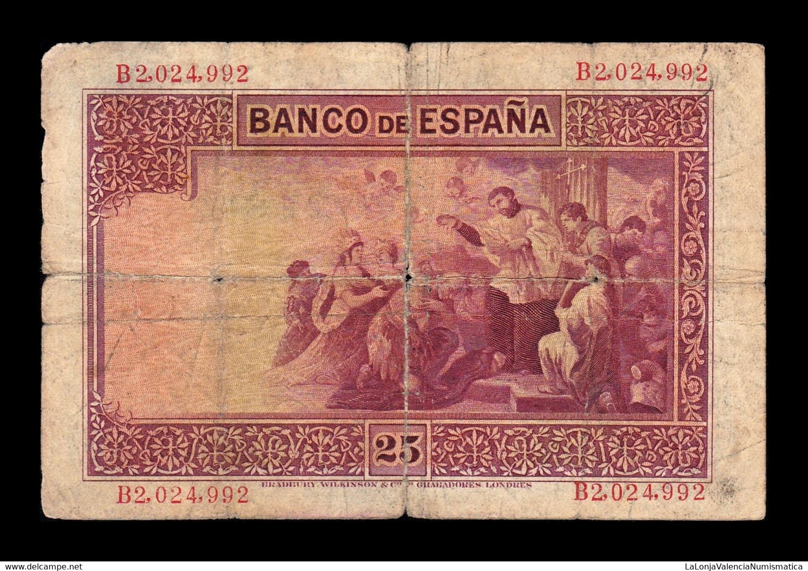 España Spain 25 Pesetas San Francisco Xavier 1926 Pick 71a Serie B T.992 BC F - 1-2-5-25 Peseten