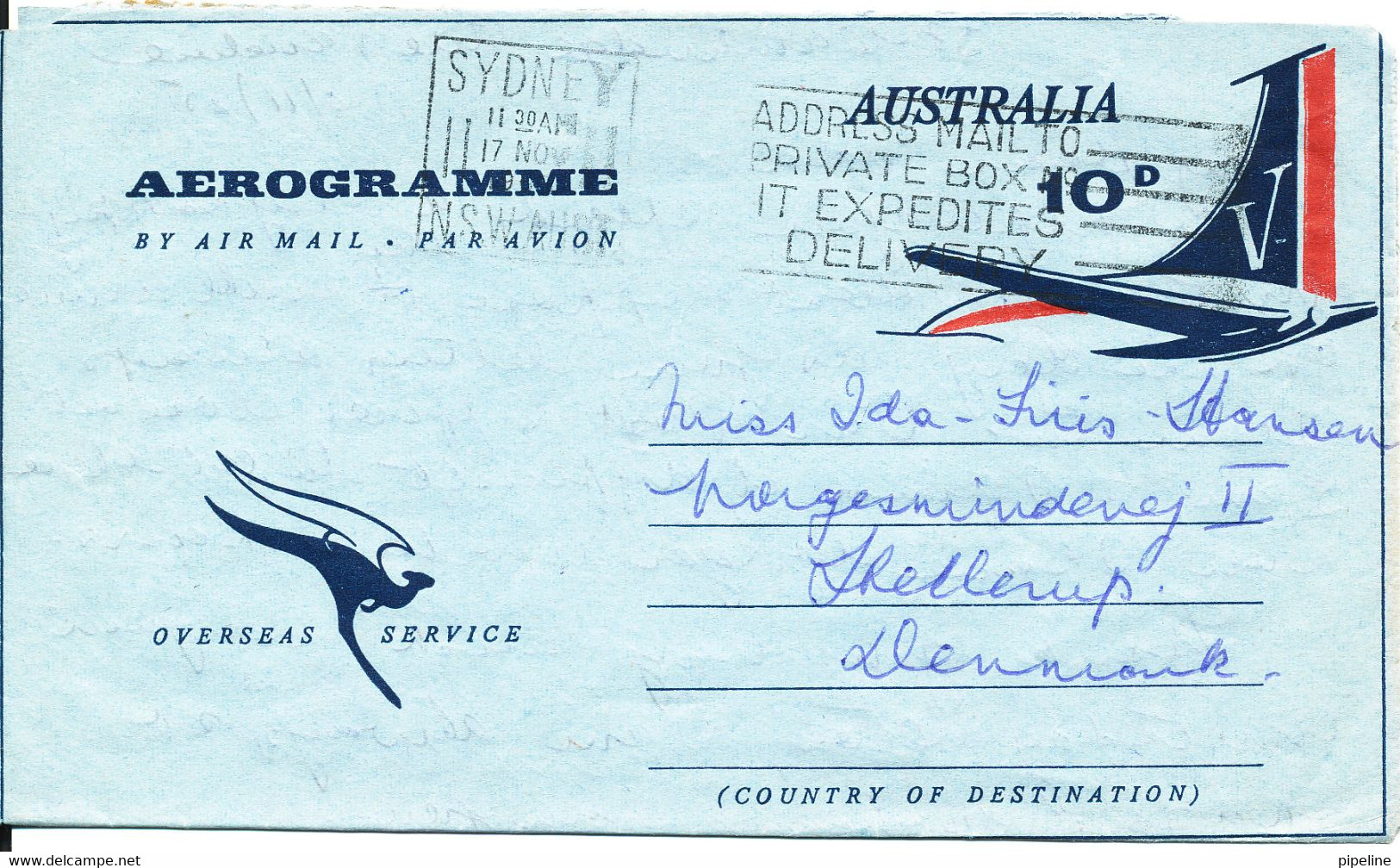 Australia Aerogramme Sent To Denmark Sydney 17-11-1965 - Aérogrammes