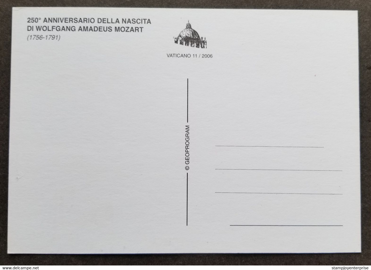 Vatican 250 Anniversary Of The Birth Of Mozart 2006 Music (maxicard) *rare - Lettres & Documents
