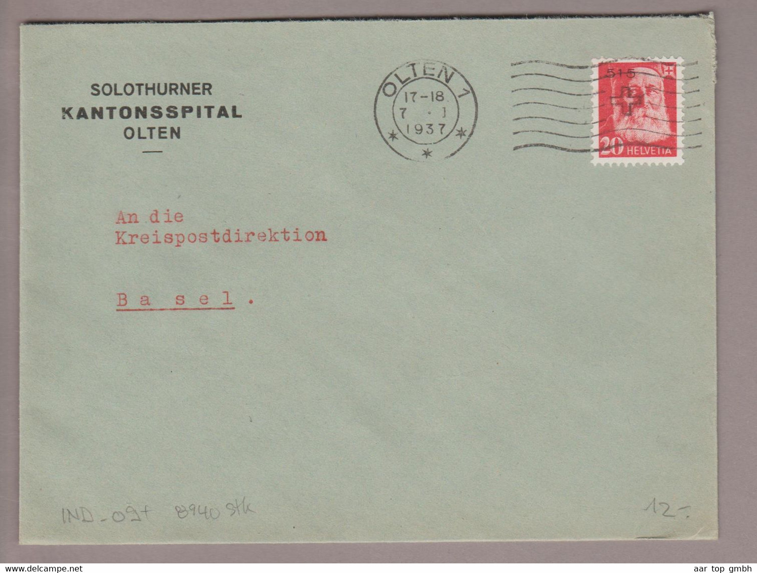 CH Portofreiheit Zu#16z 20Rp. GR#515 Brief 1937-01-07  Olten Kantonsspital - Franchise