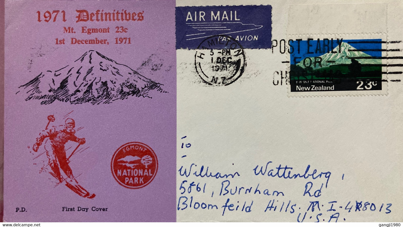 NEW ZEALAND 1971, ICE-SKI GAME,PLAY, ILLUSTRATED USED COVER, EGMONT MOUNTAIN STAMP, HAMILTON TOWN CANCEL. - Covers & Documents