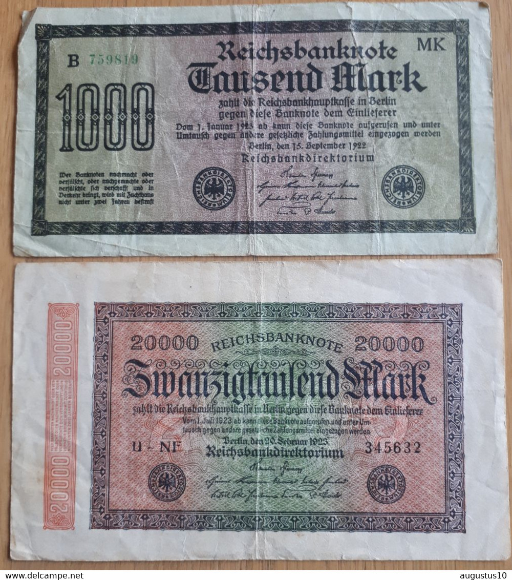 2 X DUITSLAND :  1000 REICHSBANKNOTE 1922 + SCHAARSE 20000 MARK 1923 T.SCHMIDT Nr76 & 85 - 20000 Mark