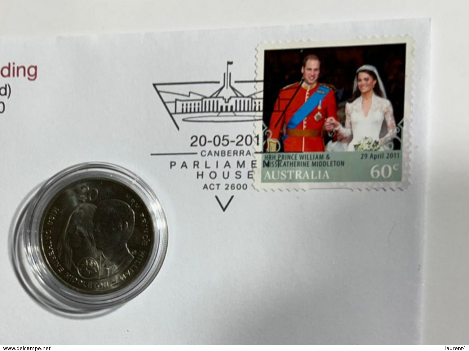 (1 M 45) Australia - Twenty Cents 2011Prince William Royal Wedding Coin +  Wedding Stamp On Cover (postmark 20-05-2011) - 20 Cents