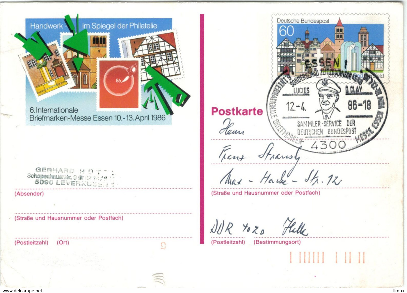 Ganzsache Briefmarkenmesse Essen 1986 - Lucius D. Clay Vgl. Gegen Morgenthauplan - Berliner Luftbrücke - Freiheitsglocke - Privatpostkarten - Gebraucht