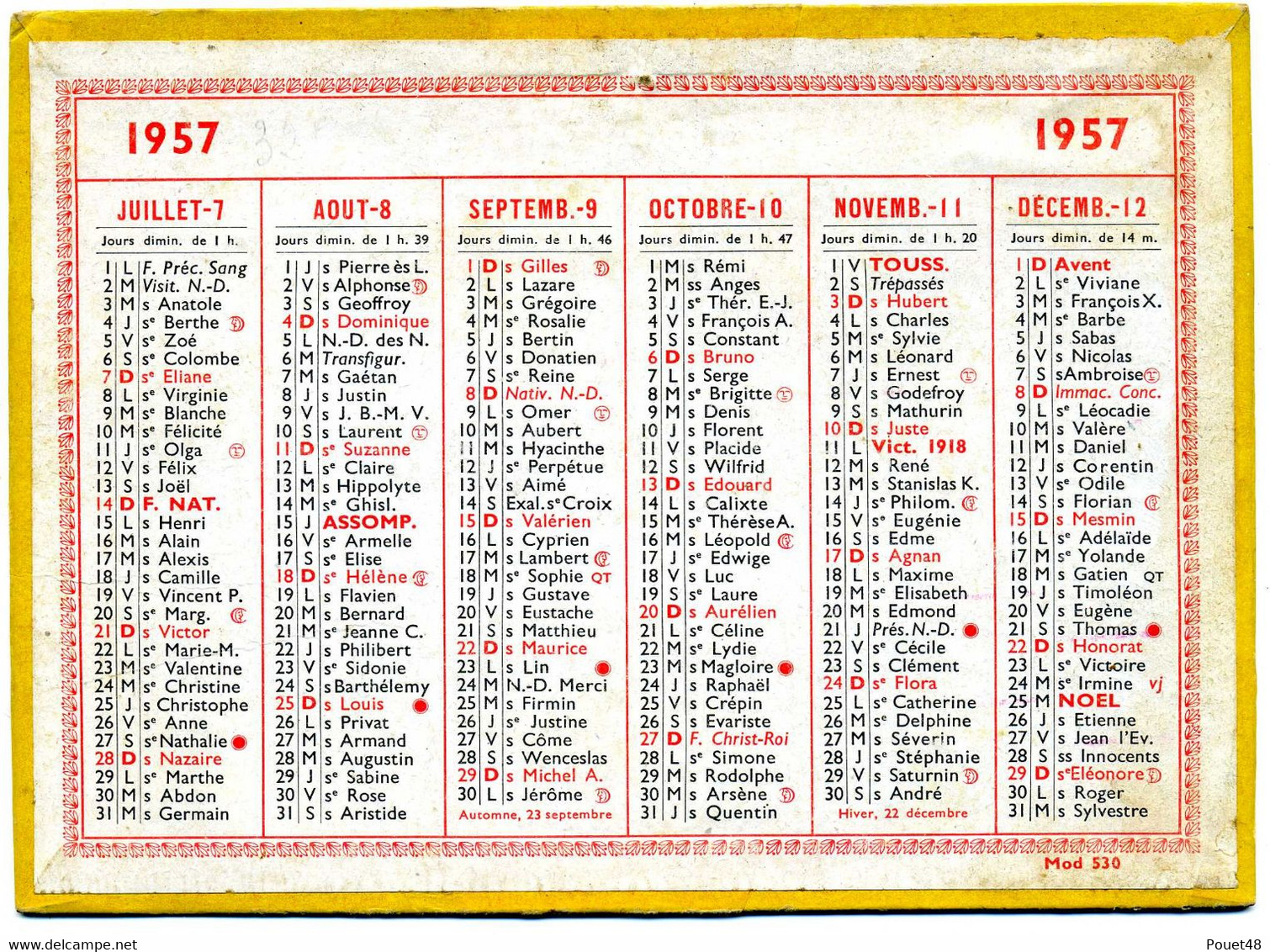 Petit calendrier cartonné: 1957: 12,5 x 17 cm