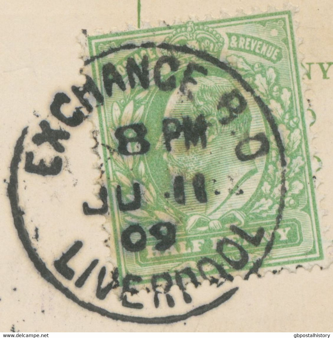 GB „EXCHANGE B.O / LIVERPOOL“ Rare CDS 25mm On Very Fine Postcard Franked With EVII ½ D To LEEDS, 11.6.1909 - Lettres & Documents