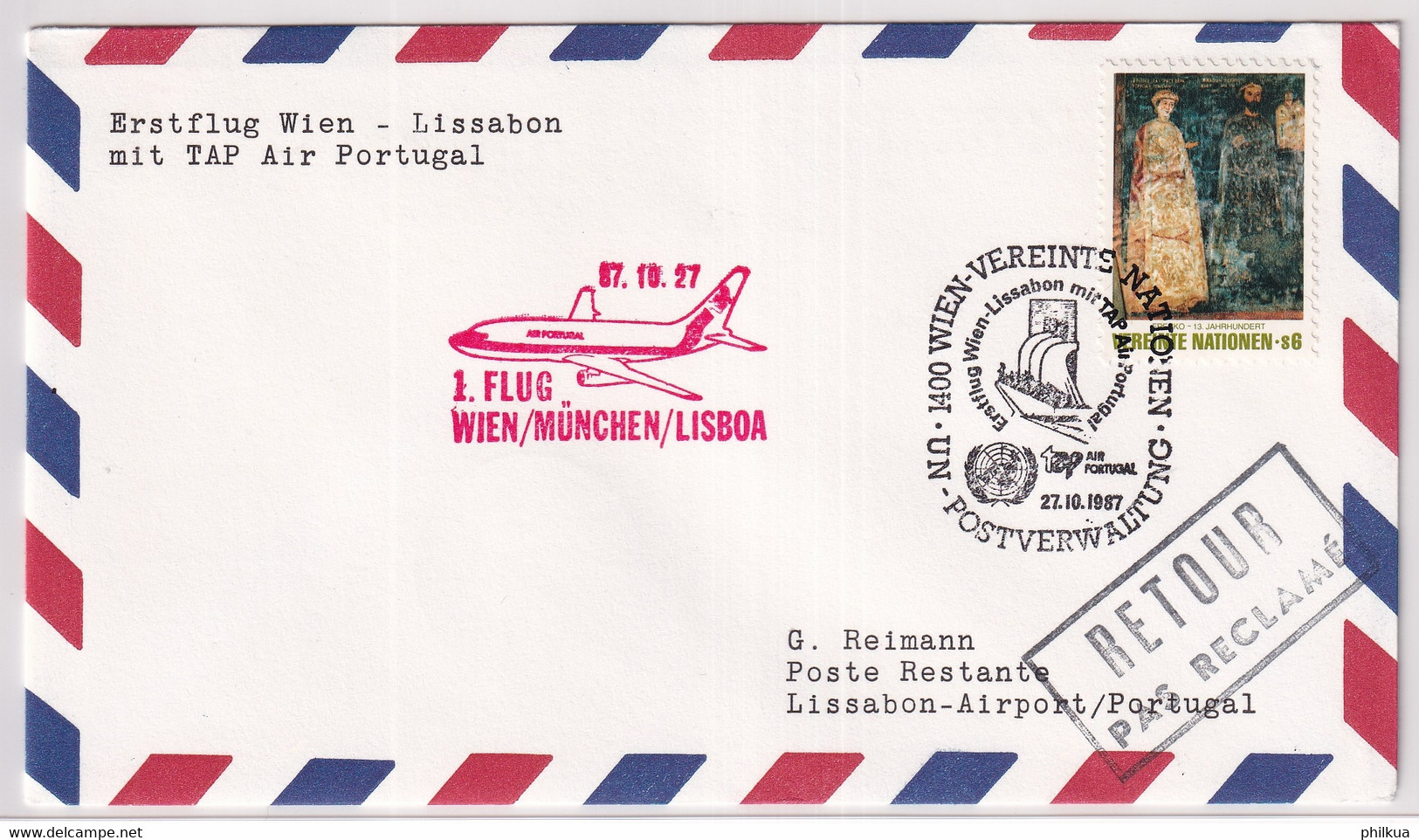 27.10.1987 - Erstflug WIEN - LISSABON Mit  TAP Air Portugal - Nations Unies Frankatur - Autres & Non Classés