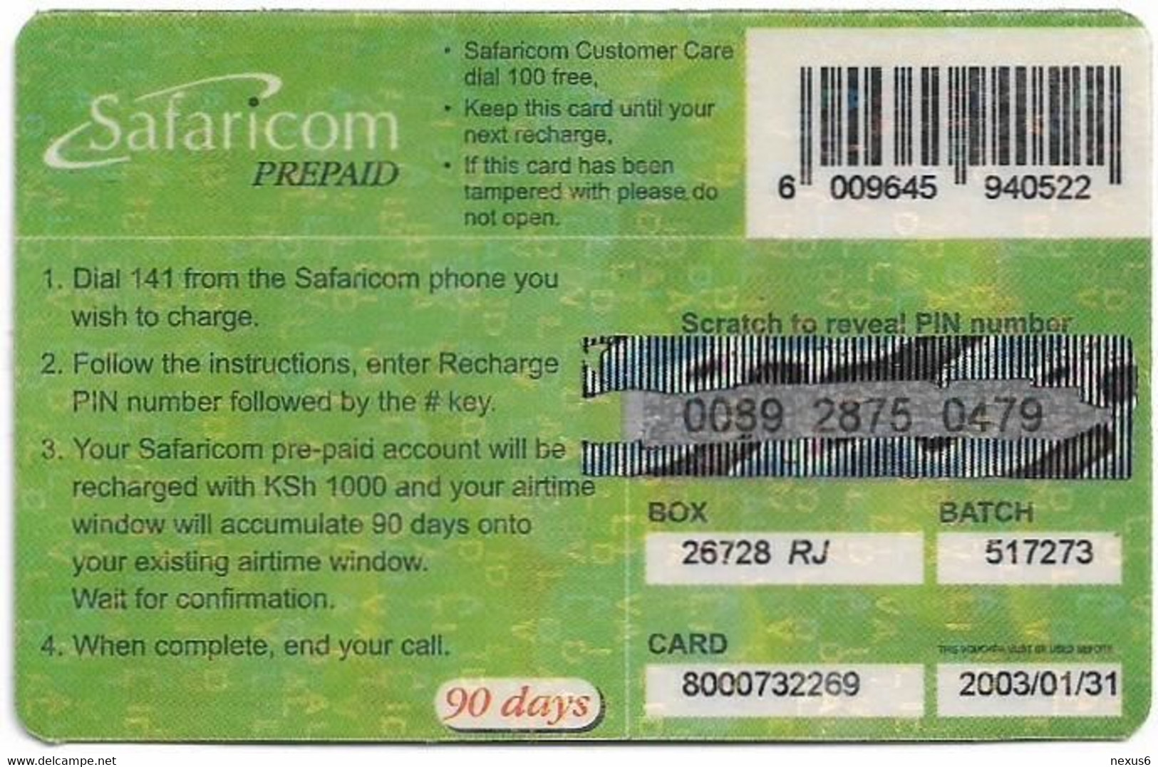 Kenya - Safaricom - Leopard 072, Exp. 31.01.2003, GSM Refill 1.000KShs, Used - Kenia