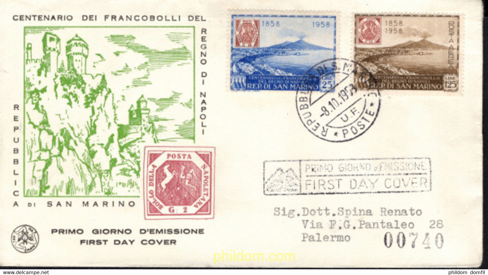 563262 MNH SAN MARINO 1958 CENTENARIO DEL SELLO DE NAPOLES - Gebruikt