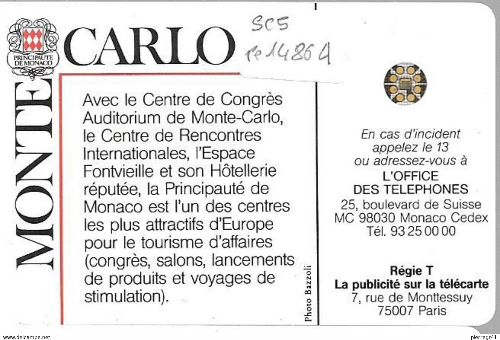 CARTE-PUBLIC-MONACO-50U-MF4A-SC5 An-PALAIS CONGRES-V° 5 Pe14864-UTILISE-TBE - Monaco