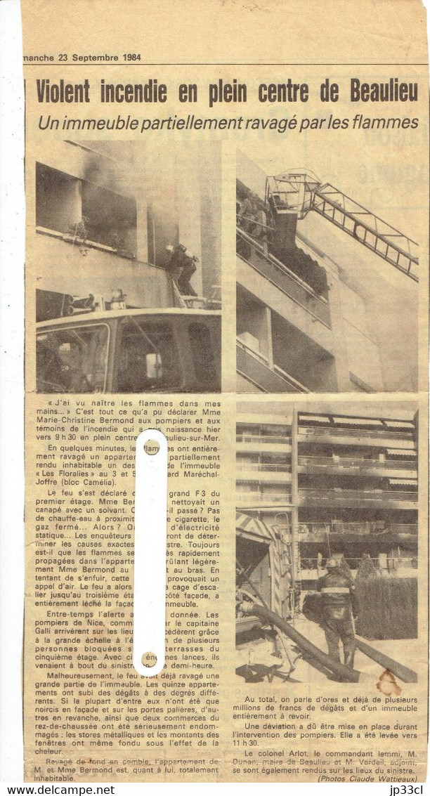 Article De Nice Matin Relatant Un Incendie Survenu à Beaulieu-sur-Mer (22/9/1984) - Historische Dokumente