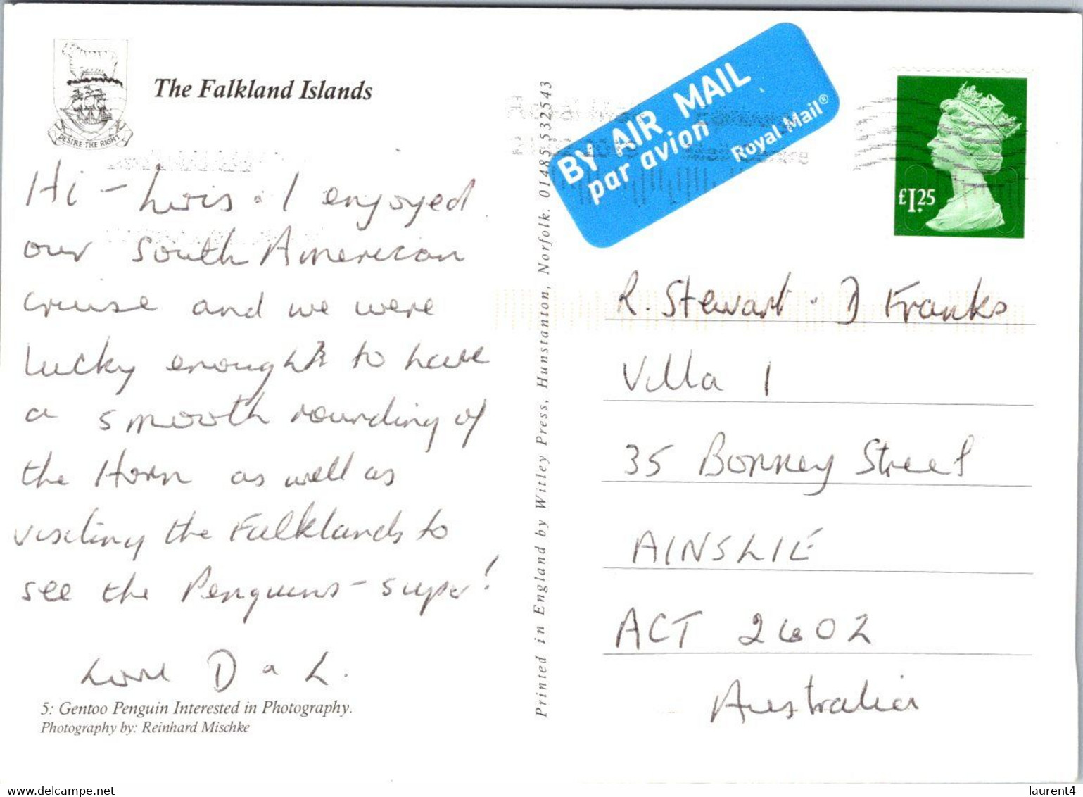 (2 M 8) Falkland Islands (posted To Australia From UK) - Gento Penguin - Falklandeilanden