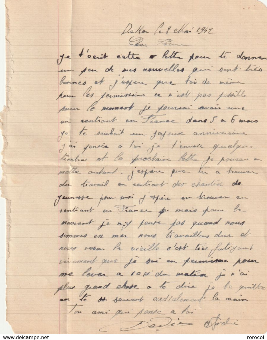 LETTRE FM 1942 Cachet Hexagonal RAVITAILLEUR JULES VERNES Timbres IRIS Ecrit Depuis DAKAR, Avec Correspondance - Posta Marittima