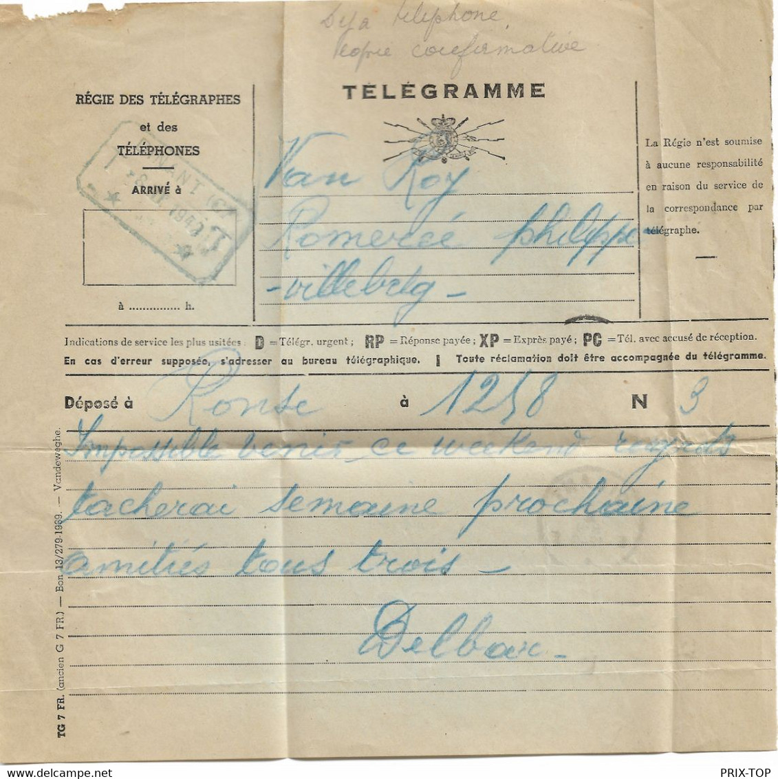 SP834/Télégramme Déposé à Ronse Exprès Mention Déjà Téléphoné  > Van Roy Romerée C.d'arrivée T.T.Dinant 8/2/1942 - Telegrammen