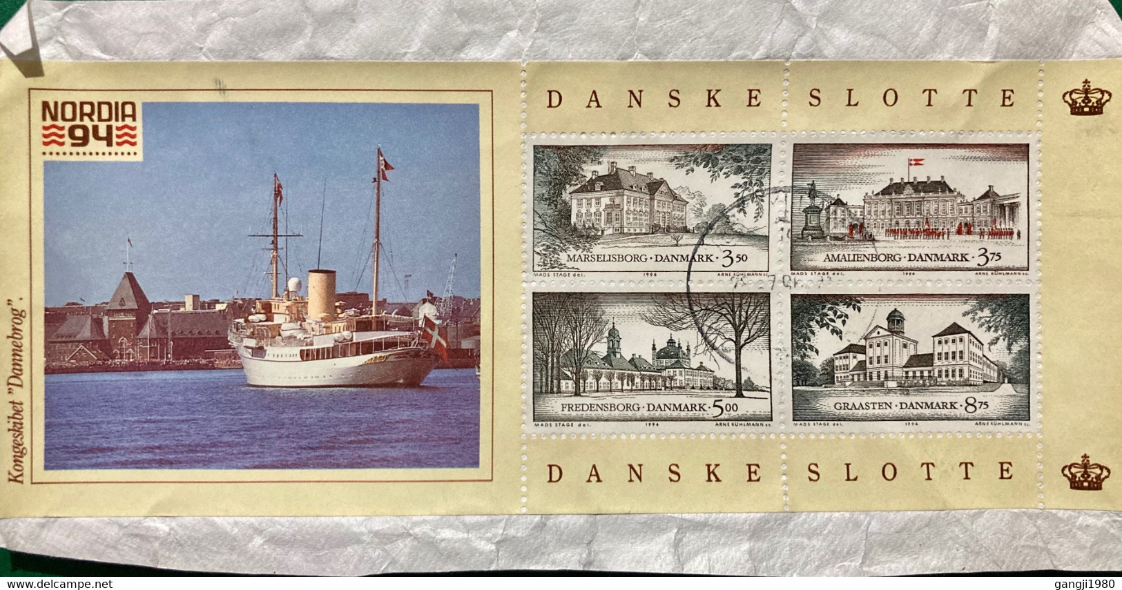 DENMARK 1994, FRONT CUT OUT ONLY,, MINIATURE SHEET,USED NORDIA 94, SHIP, BUILDING HERITAGE, ARCHITECTURE, - Briefe U. Dokumente