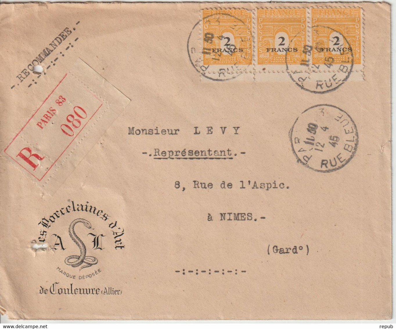 France 1945 Lettre Recommandée De Paris Pour Nimes Avec 3 Ex Du 709 - 1921-1960: Modern Period