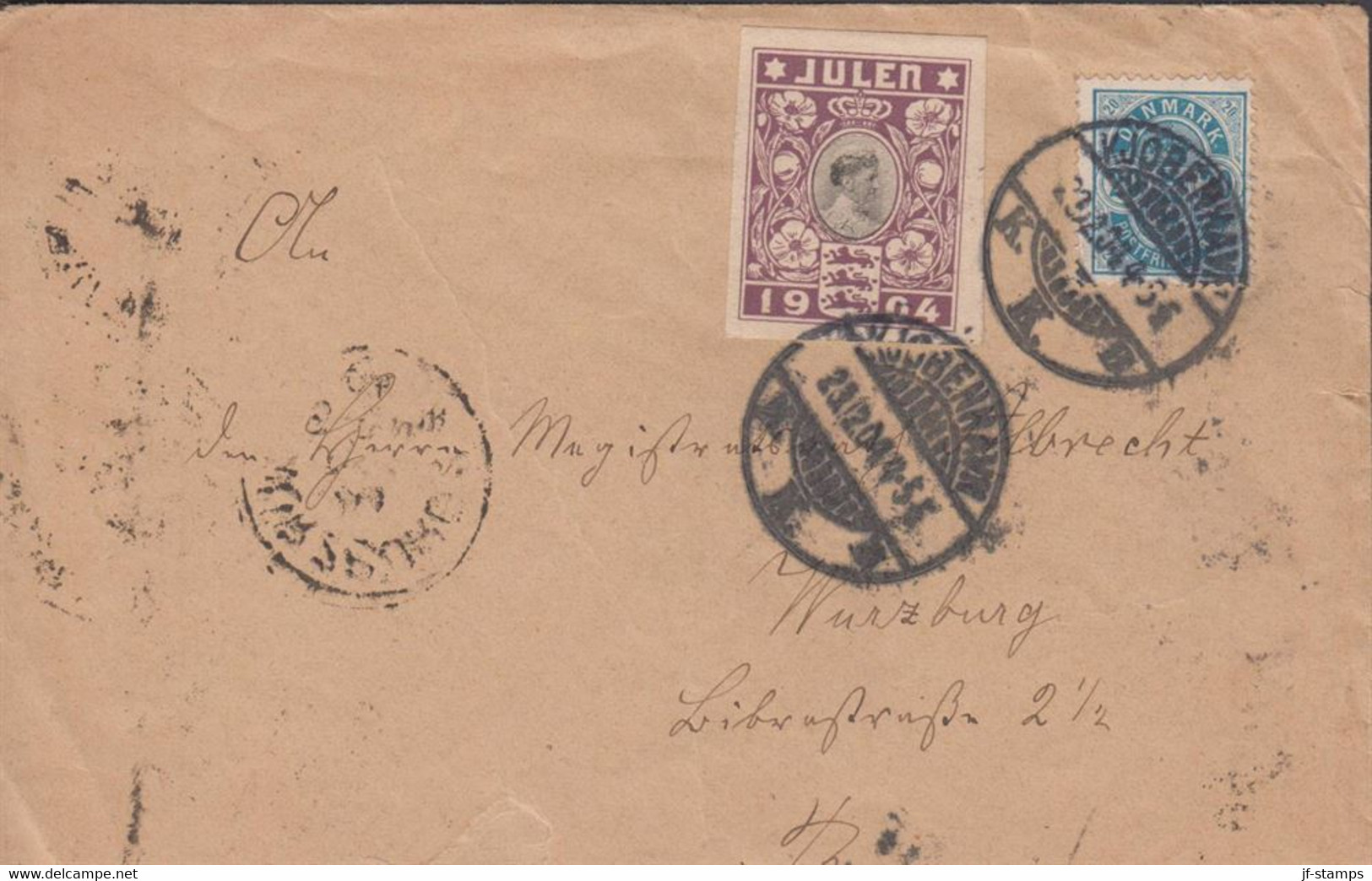 1904. DANMARK. JULEN 1904 + 20 øre Coat Of Arms On Cover (tear) To Bayern From KJØBENHAVN 2... (Michel 36 YB) - JF435111 - Storia Postale