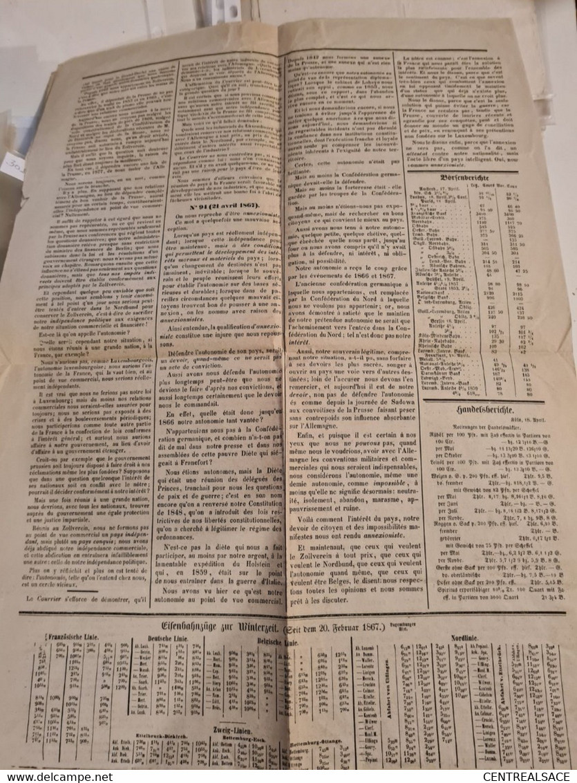 Papier Timbre Français 1867 SUR JOURNAL DAS LAND POLITISCHE LUXEMBURG LUXEMBOURG - Revenue Stamps