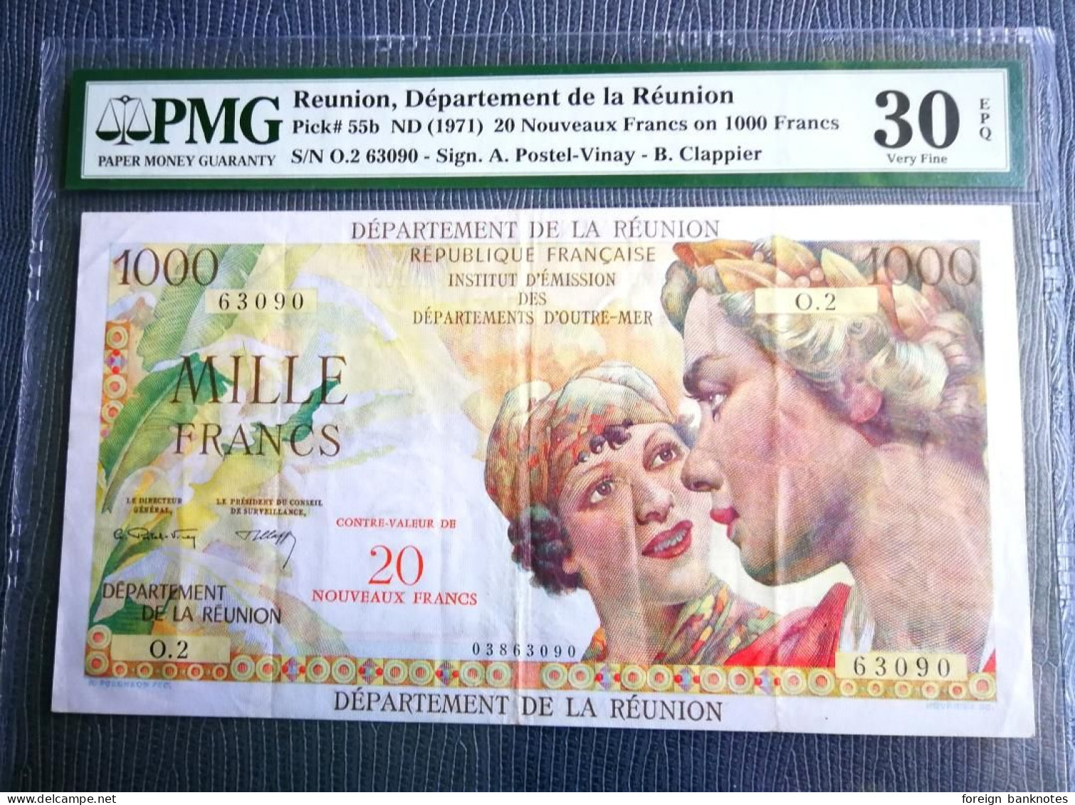 Exceptional Paper Quality PMG graded Reunion 20 New Francs on 1000 Francs 1971️ P-55
