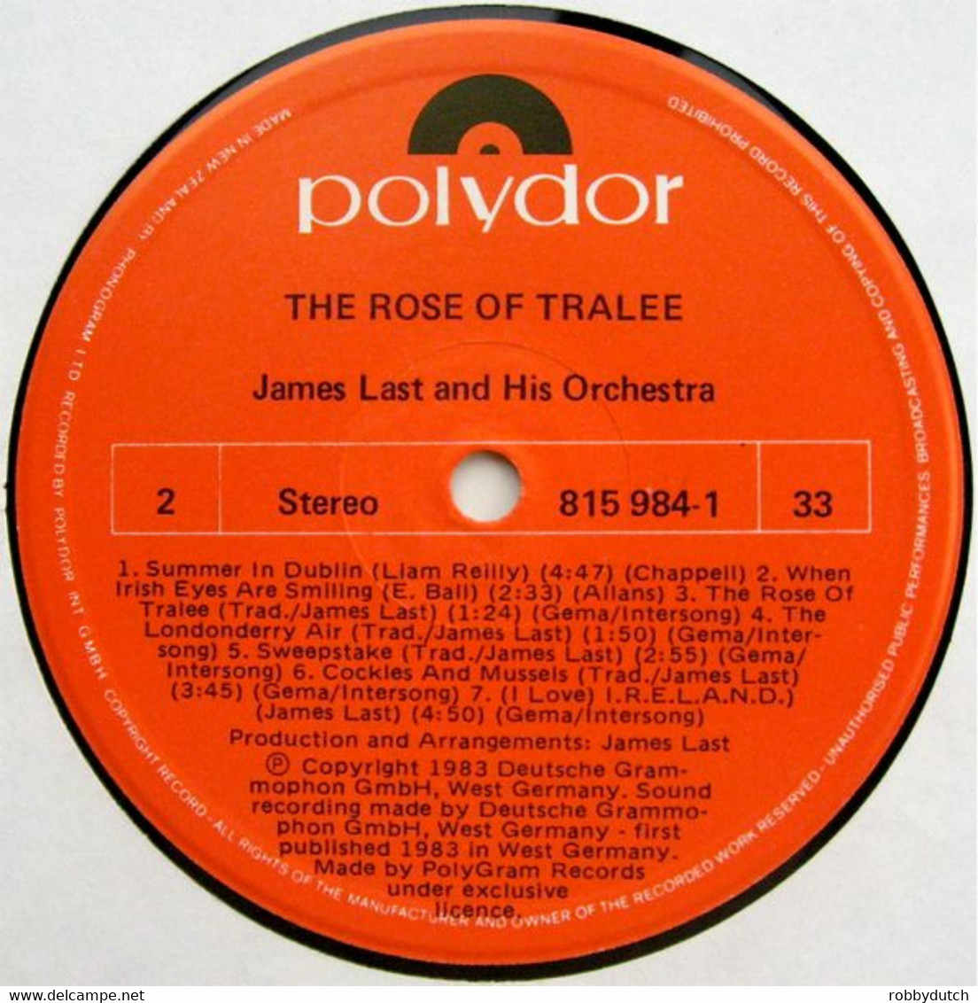 * LP *  JAMES LAST - THE ROSE OF TRALEE (and Other Irish Favourites) (New Zealand 1983 EX-) - Instrumental