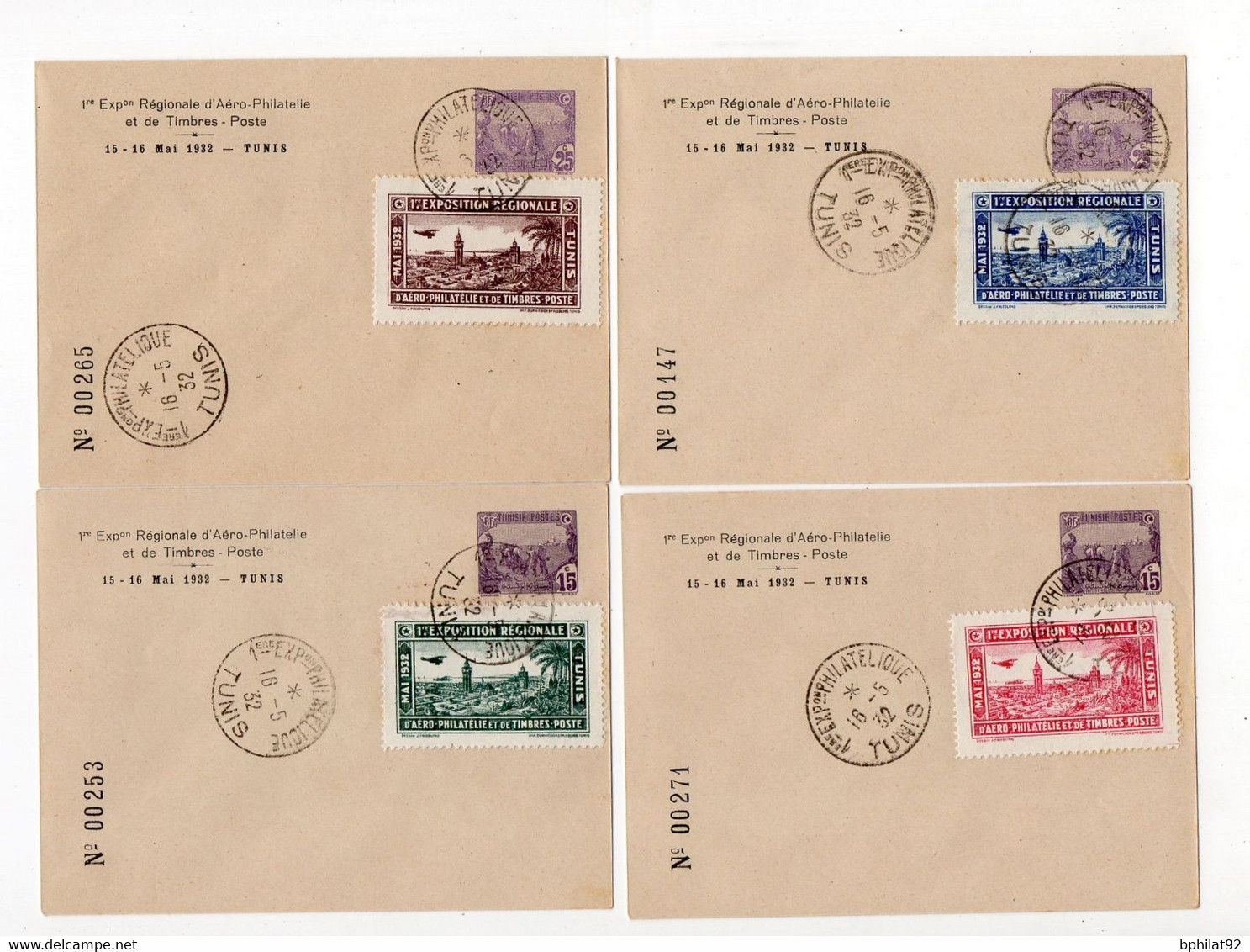 !!! LES 4 VIGNETTES DE L'EXPO PHILATELIQUE DE TUNIS DE 1932 SUR 4 ENTIERS POSTAUX DE TUNISIE - Briefmarkenmessen