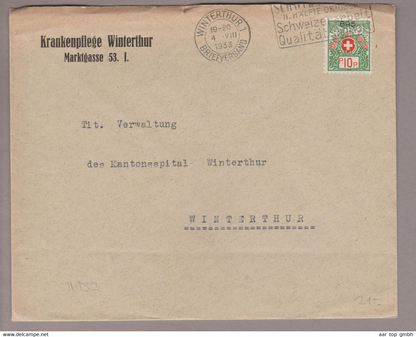 CH Portofreiheit Zu#12A 10Rp. GR#895 Brief 1933-08-04 Winterthur "Krankenpflege Winterthur" - Franchise