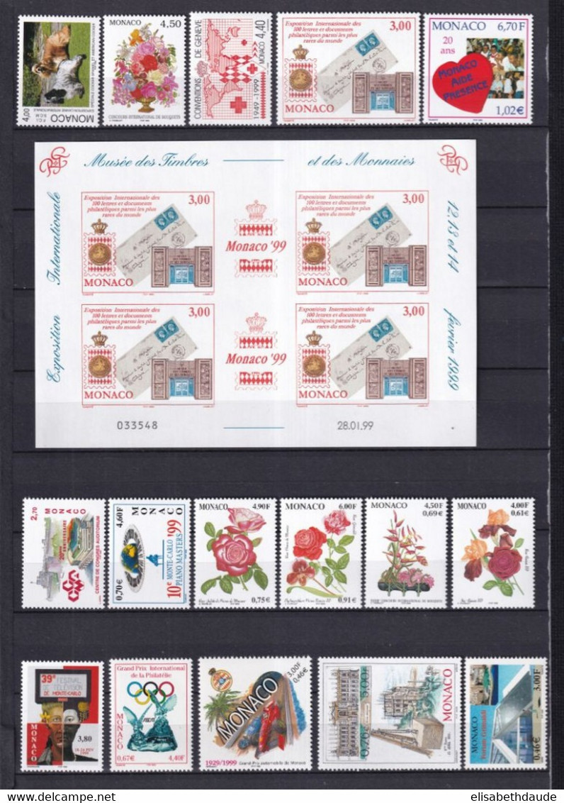 MONACO - 1999 - ANNEE COMPLETE ** MNH - LARGEMENT SOUS FACIALE ! - 38 TIMBRES + 4 BLOCS - COTE = 140.5 EUR. - 3 PAGES - Años Completos