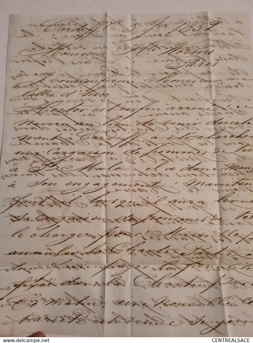 Lettre GRANDE BRETAGNE CARDIFF 1852 PARIS Cachet Entrée - ...-1840 Precursori