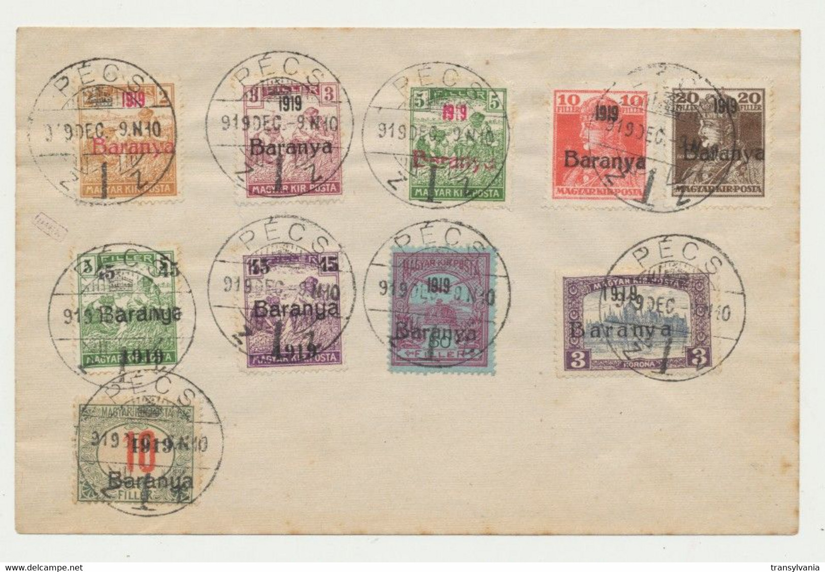 Hungary Serbia Baranya 1919 December - 10 Stamps Cancelled On Cover At Pecs, Turul, Karl, Harvesters - Emissions Locales