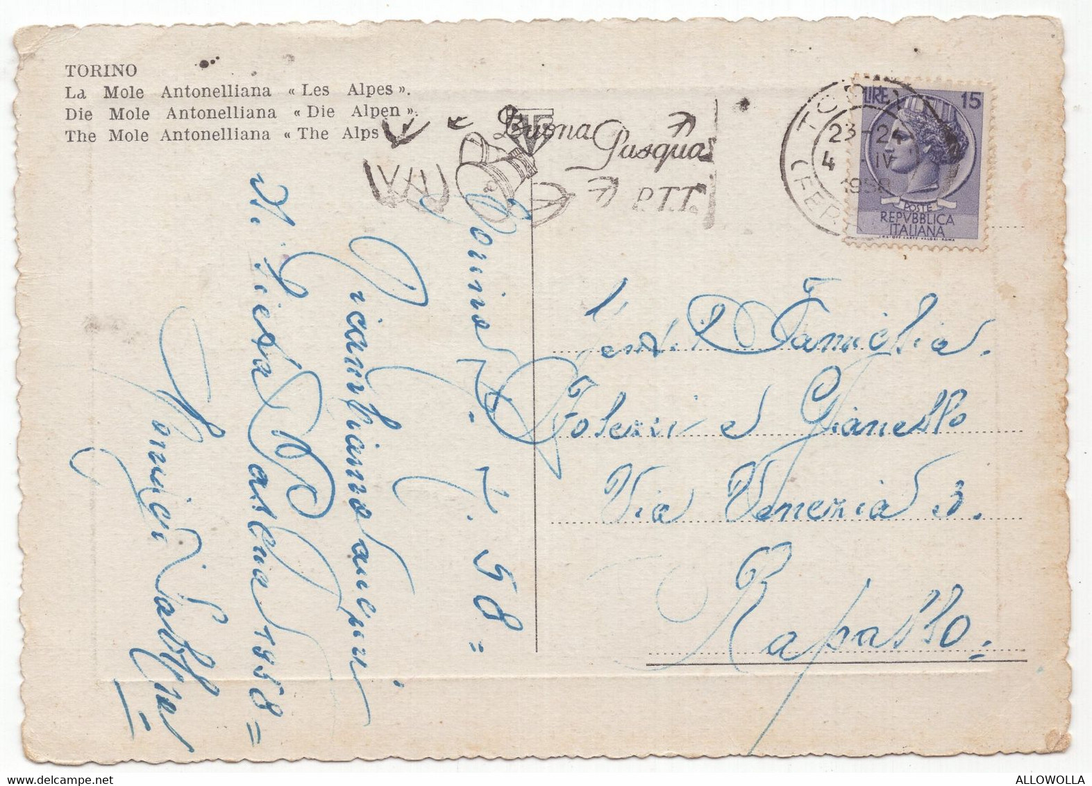 18614 " TORINO-MOLE ANTONELLIANA-LE ALPI " -VERA FOTO-CART. POST. SPED.1958 - Mole Antonelliana