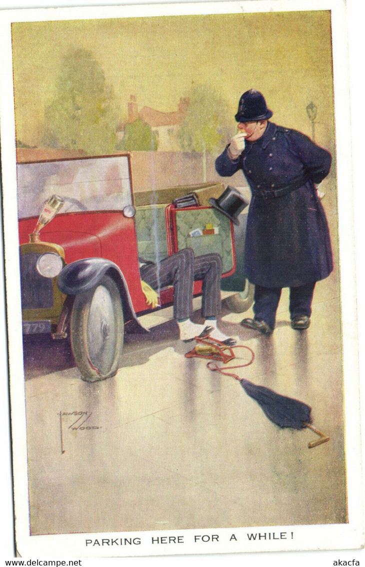 PC LAWSON WOOD, ARTIST SIGNED, PARKING HERE, Vintage Postcard (b35369) - Wood, Lawson