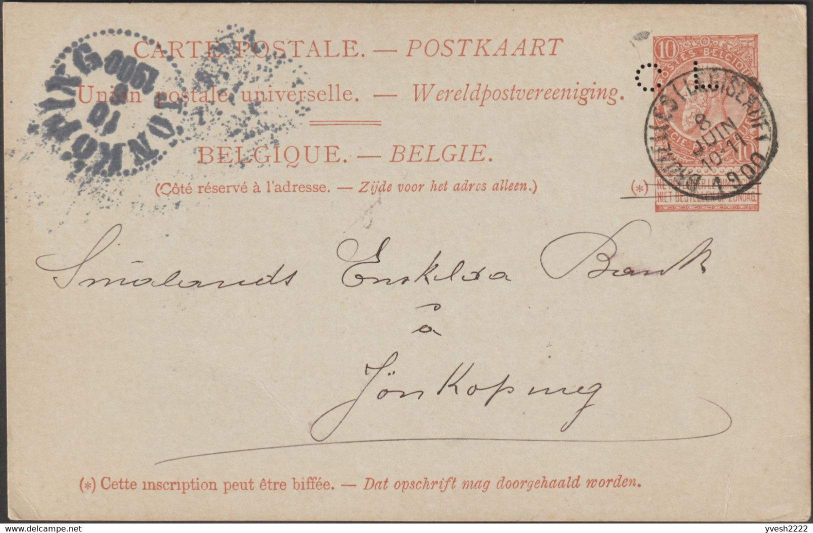 Belgique 1900. Entier Postal, Carte Perforée CL 10 C Fine Barbe, Bruxelles Législatif à Jönköping Suède. Crédit Lyonnais - 1863-09